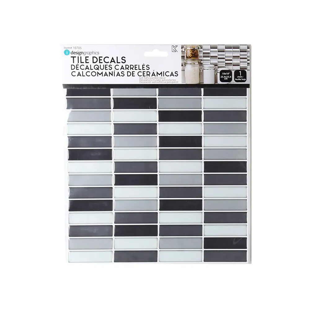 iDesign Décalque Mural Tuiles Rectangulaires Brillantes Grises et Noires 10x10po CTG