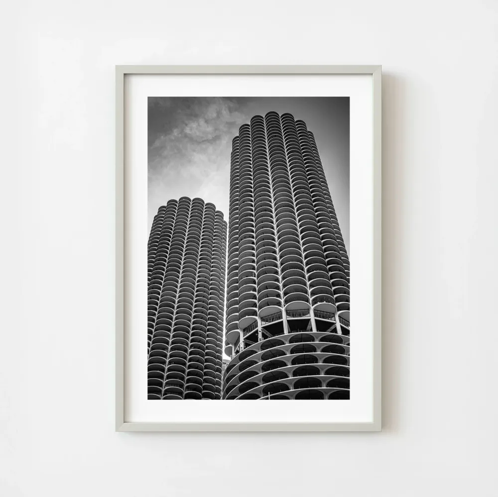 Illinois Chicago Marina City Towers Architecture noir et blanc Paysage urbain Gratte-ciel urbain Wall Art Photography Prin...