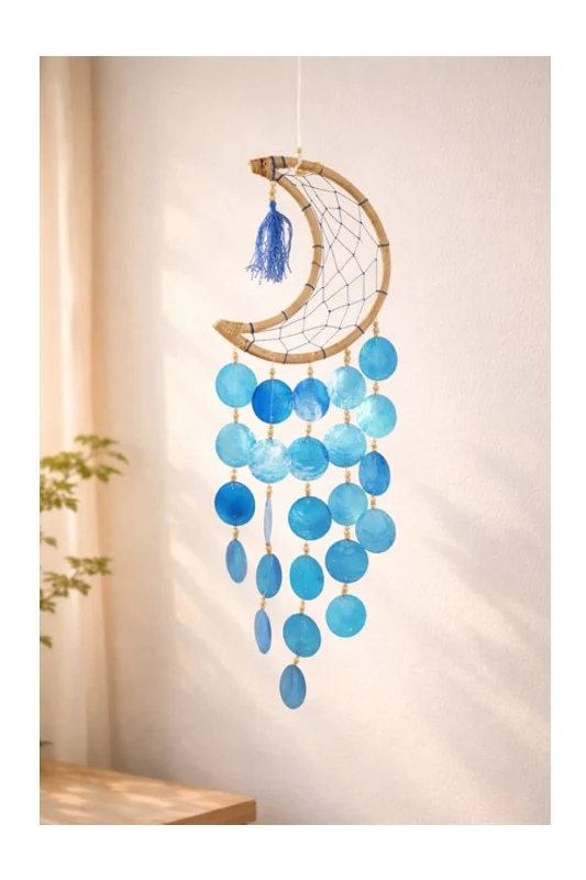 Décoration coquillage suspendue demi-lune bleu foncé 22 cm