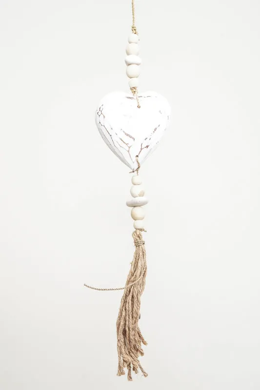 Décoration suspendue en forme de cœur, blanchie à la chaux, courte avec pompon, 50 cm