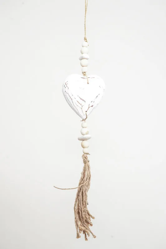 Décoration suspendue en forme de cœur, blanchie à la chaux, courte avec pompon, 50 cm
