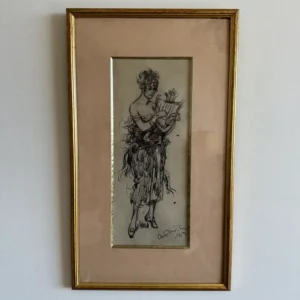 Dessin encadré signé jeune femme à la harpe daté 1913
