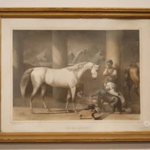 Estampe couleur française ancienne des années 1800, écurie avec des animaux
