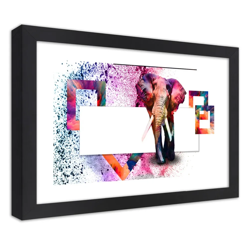 Image encadrée en noir, éléphant coloré 100x70 Feeby