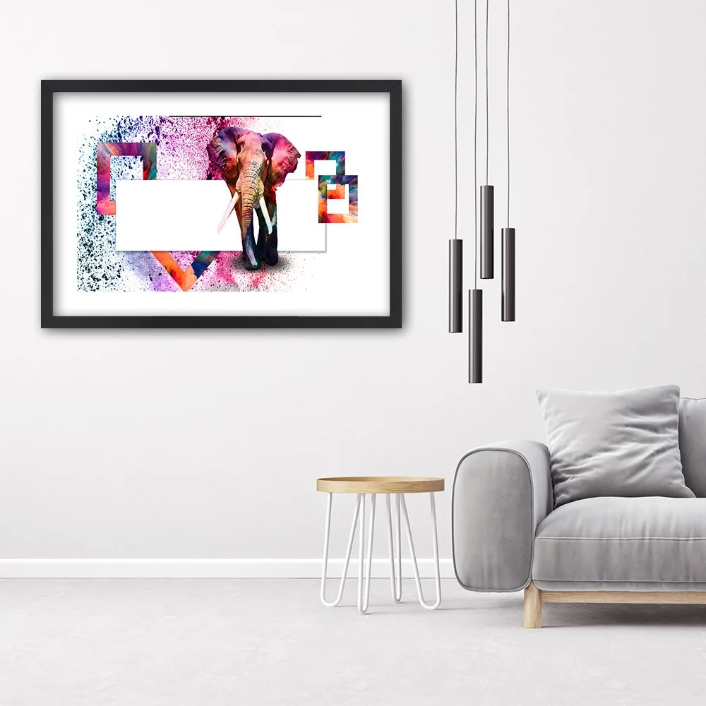 Image encadrée en noir, éléphant coloré 100x70 Feeby