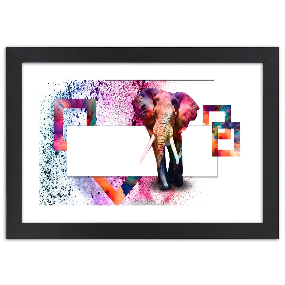 Image encadrée en noir, éléphant coloré 100x70 Feeby