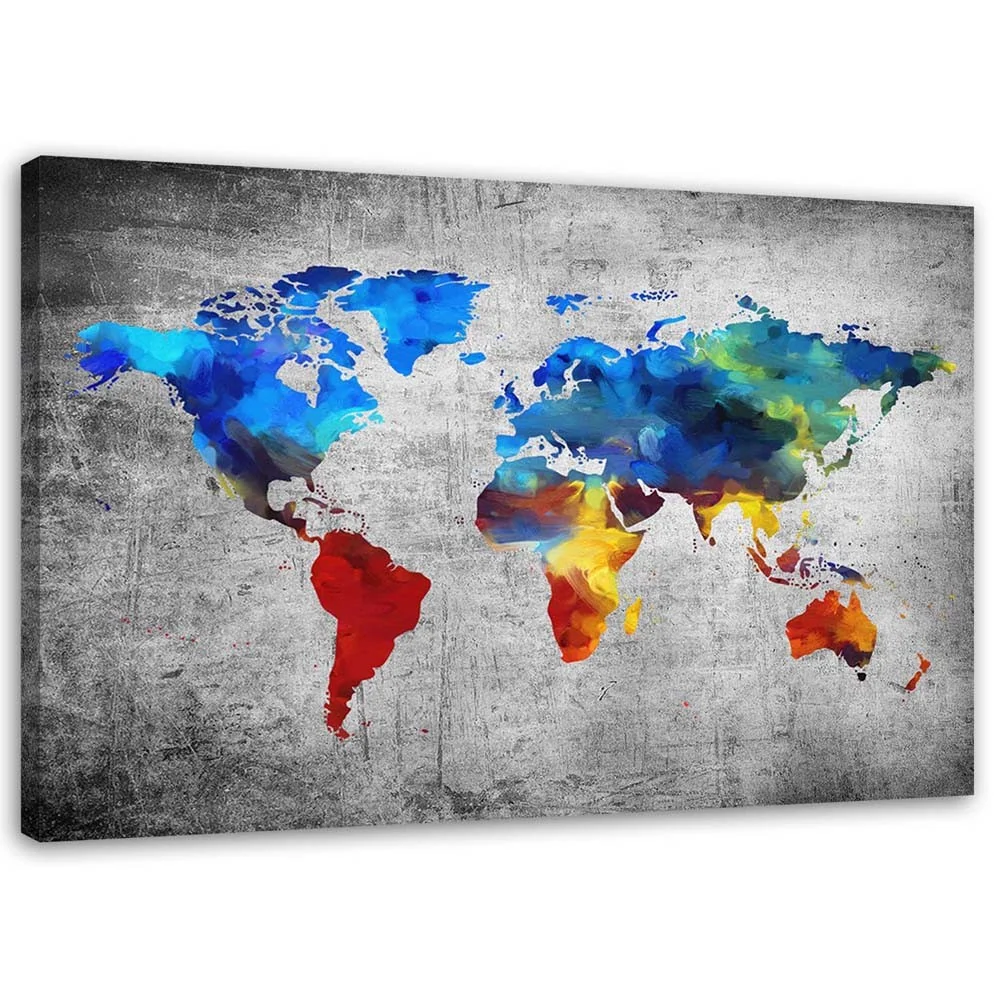 Impression sur toile, carte du monde peinte sur béton 60x40 Feeby