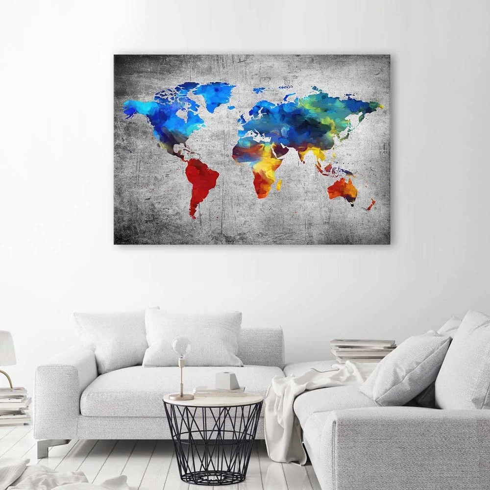 Impression sur toile, carte du monde peinte sur béton 60x40 Feeby
