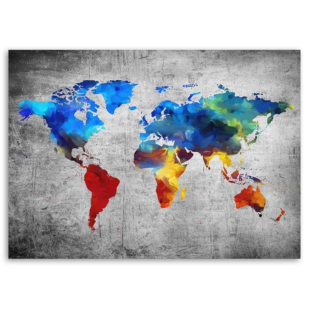 Impression sur toile, carte du monde peinte sur béton 60x40 Feeby