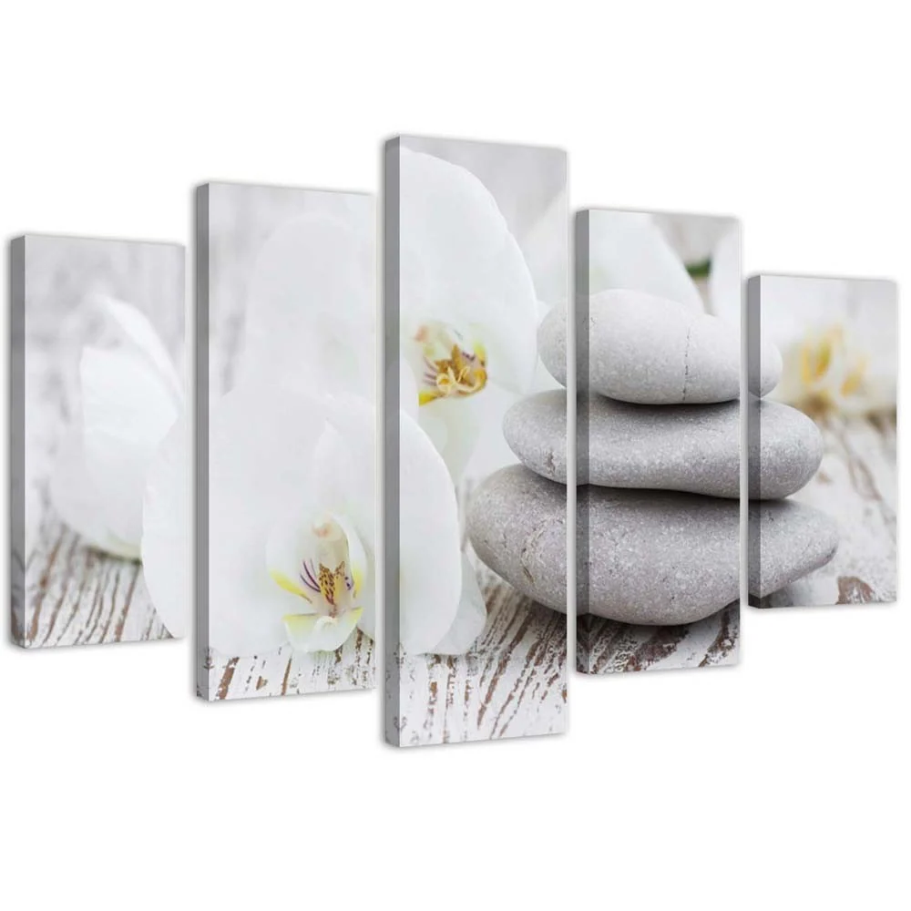 Impression sur toile en cinq parties, orchidée zen blanche et pierres 100x70 Feeby