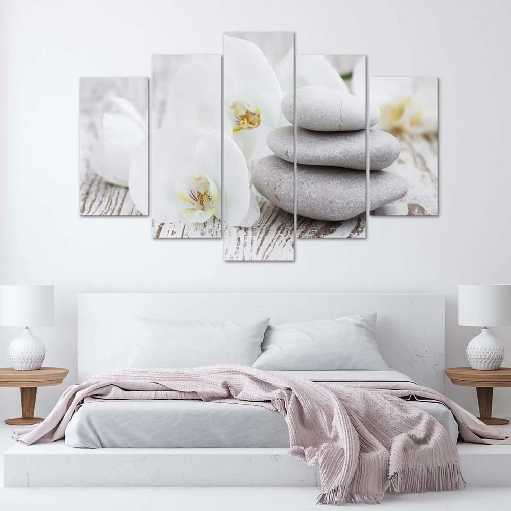 Impression sur toile en cinq parties, orchidée zen blanche et pierres 100x70 Feeby