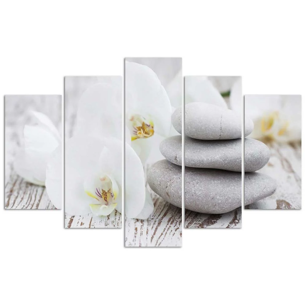 Impression sur toile en cinq parties, orchidée zen blanche et pierres 100x70 Feeby