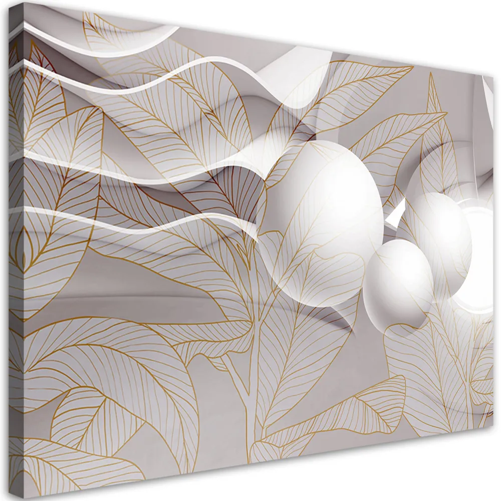 Impression sur toile, feuilles et boules dorées en 3D 60x40 Feeby