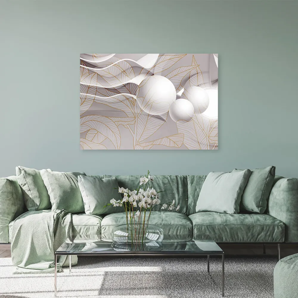 Impression sur toile, feuilles et boules dorées en 3D 60x40 Feeby