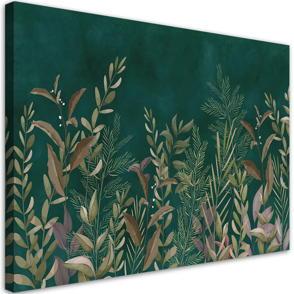 Impression sur toile, feuilles sur fond vert 60x40 Feeby