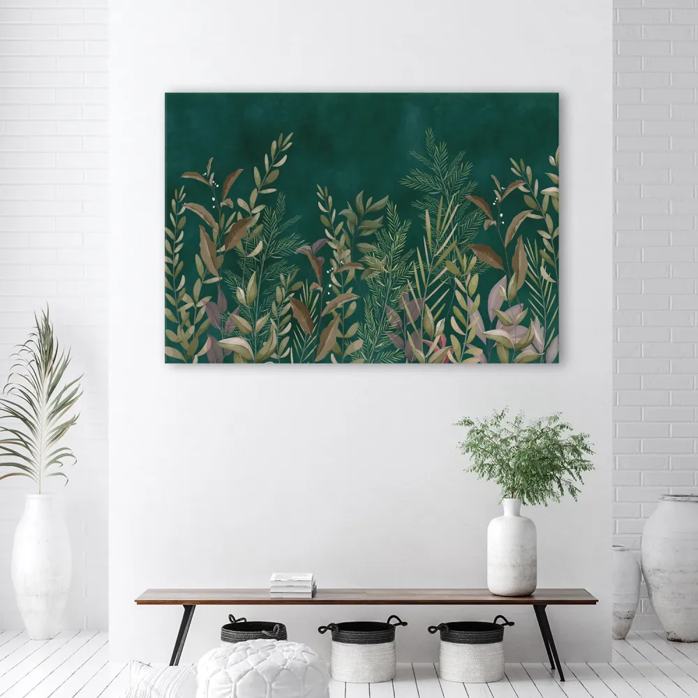 Impression sur toile, feuilles sur fond vert 60x40 Feeby