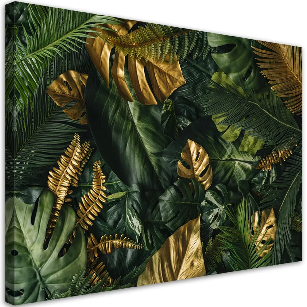 Impression sur toile, feuilles tropicales dorées 60x40 Feeby