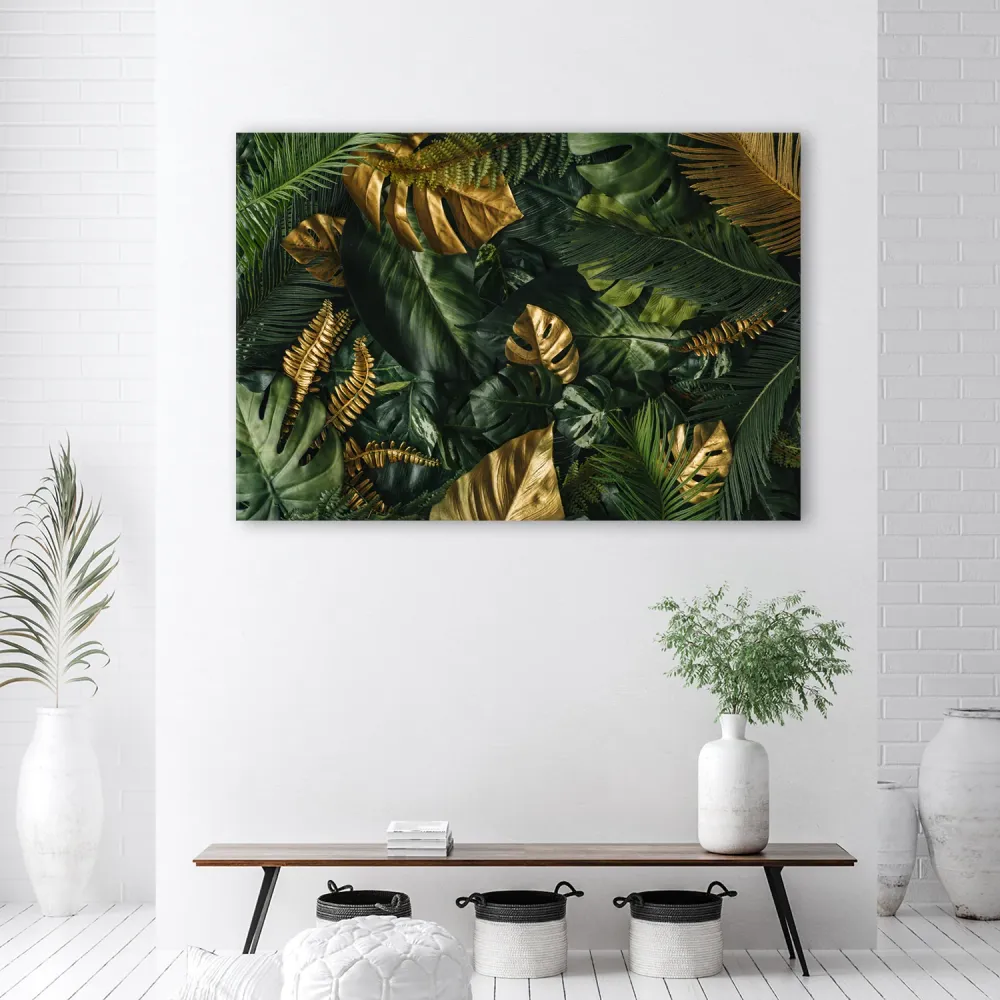 Impression sur toile, feuilles tropicales dorées 60x40 Feeby