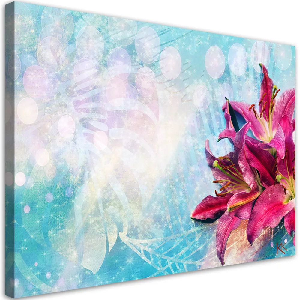 Impression sur toile, fleurs roses sur fond bleu 60x40 Feeby