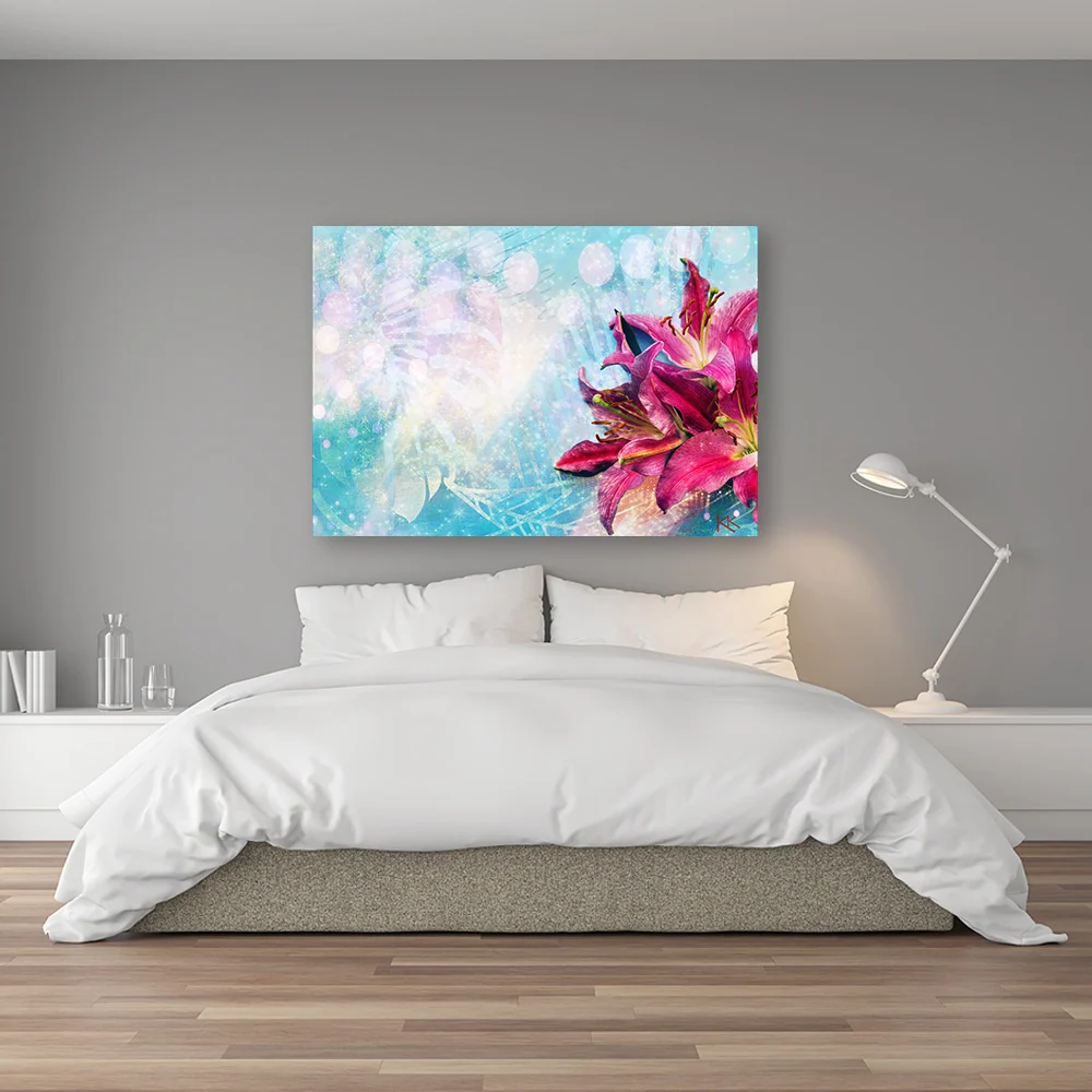 Impression sur toile, fleurs roses sur fond bleu 60x40 Feeby