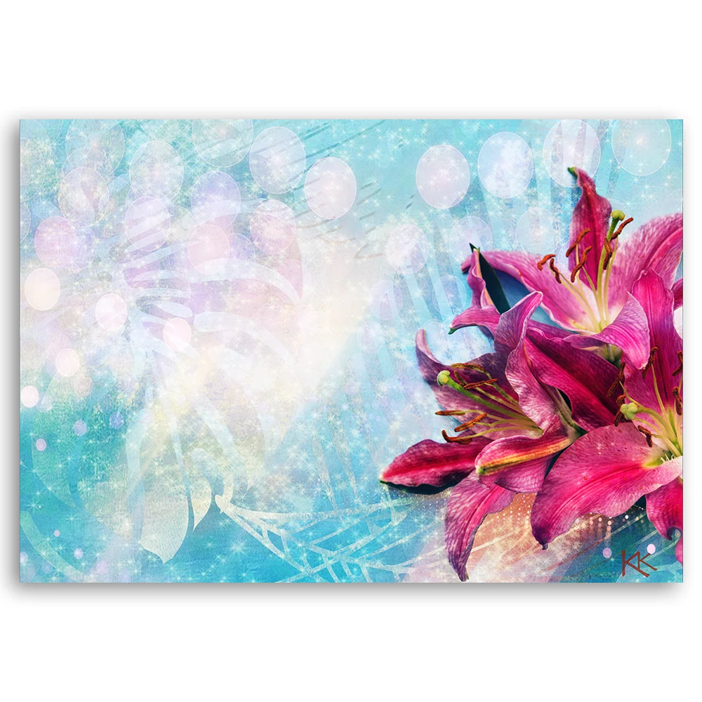 Impression sur toile, fleurs roses sur fond bleu 60x40 Feeby