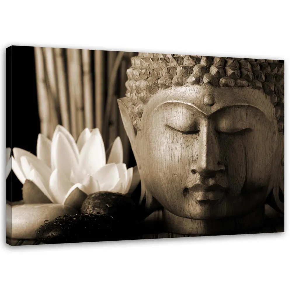 Impression sur toile, tête de Bouddha avec lys 60x40 Feeby