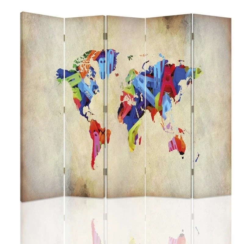 Paravent double face, carte du monde colorée Feeby