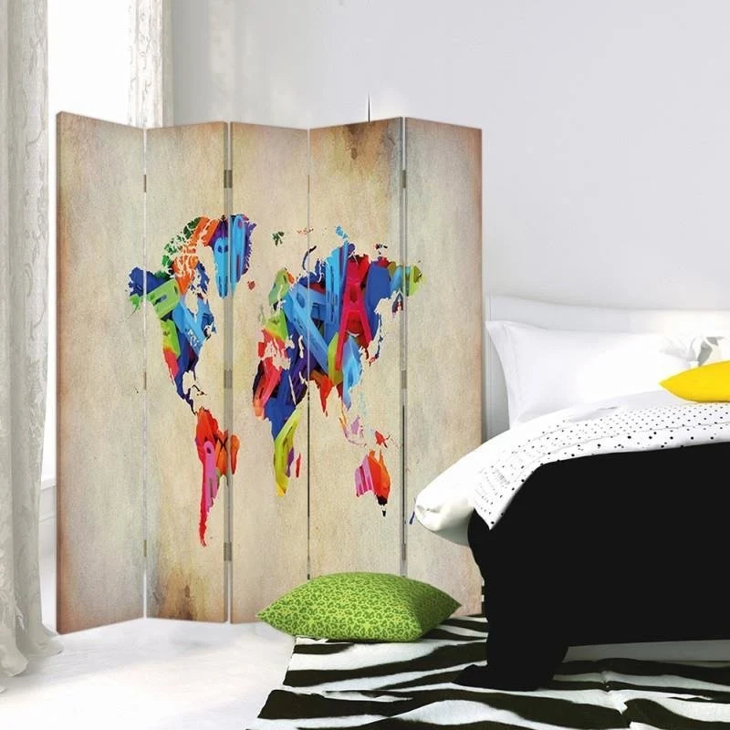 Paravent double face, carte du monde colorée Feeby