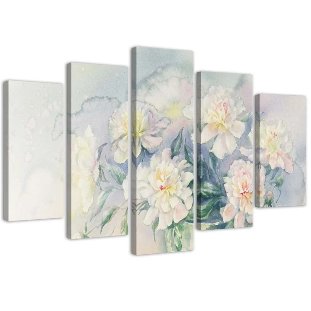 Tableau en cinq parties sur toile, bouquet de fleurs blanches 100x70 Feeby