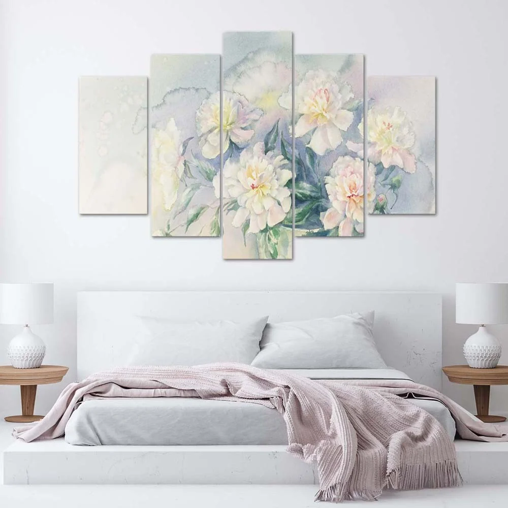 Tableau en cinq parties sur toile, bouquet de fleurs blanches 100x70 Feeby