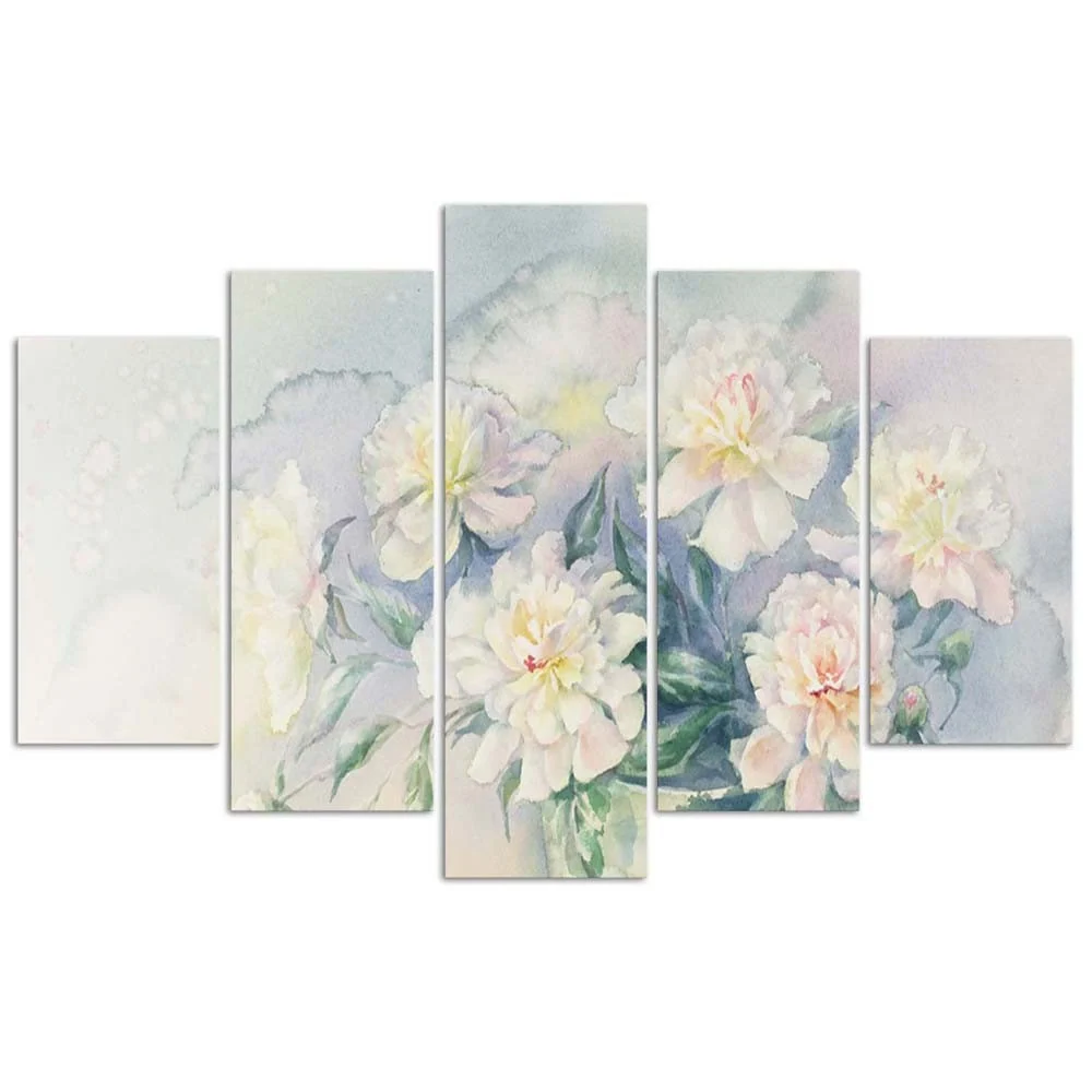 Tableau en cinq parties sur toile, bouquet de fleurs blanches 100x70 Feeby