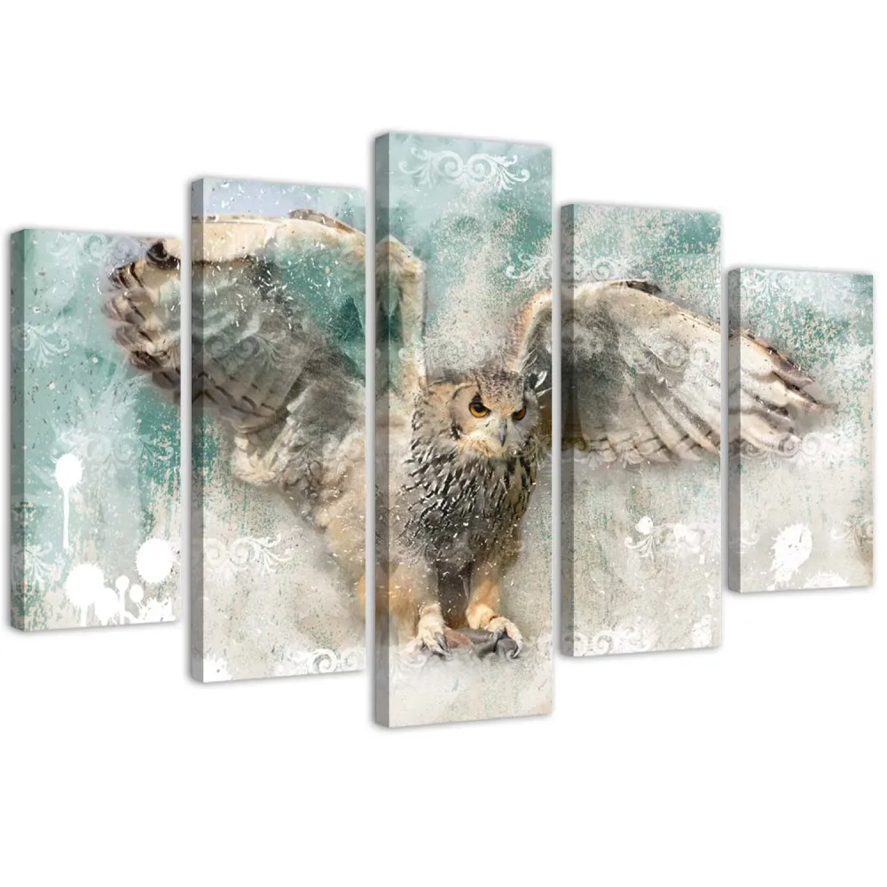 Tableau en cinq parties sur toile, Hibou en vol 100x70 Feeby
