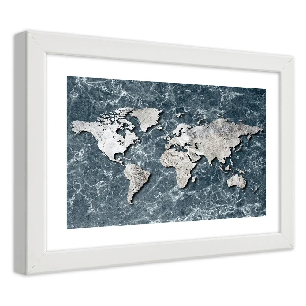 Tableau sous cadre blanc, carte du monde sur marbre 100x70 Feeby