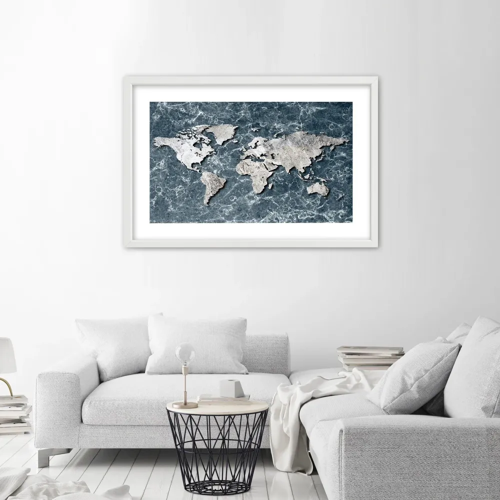 Tableau sous cadre blanc, carte du monde sur marbre 100x70 Feeby