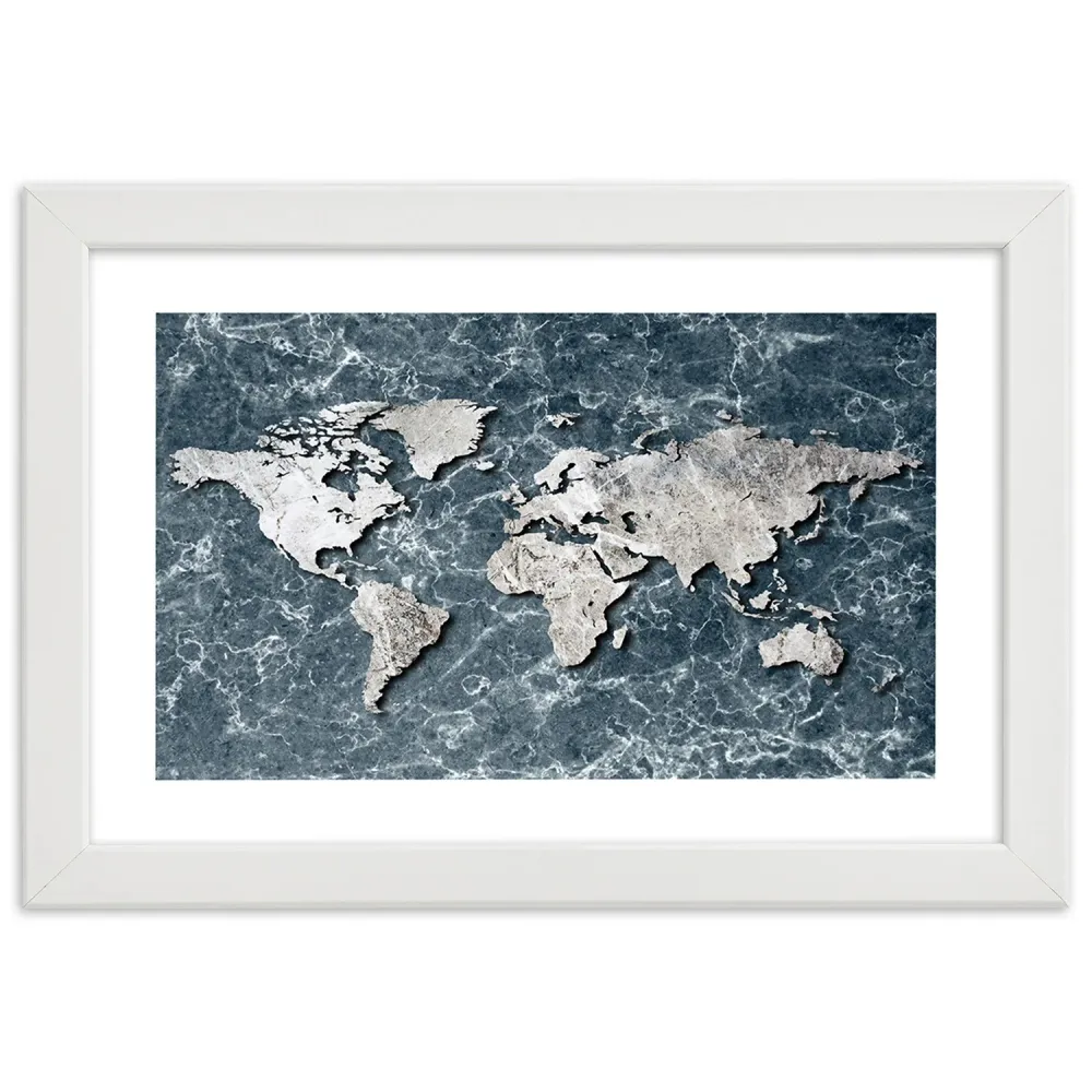 Tableau sous cadre blanc, carte du monde sur marbre 100x70 Feeby