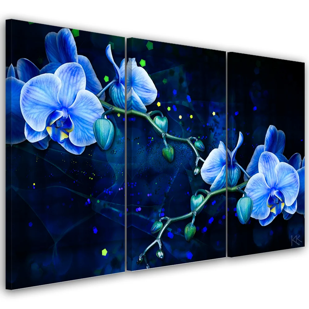 Tableau en trois parties sur toile, orchidée bleue 60x40 Feeby