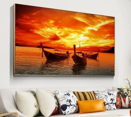 Toile coucher de soleil bateaux de pêcheurs fine art france