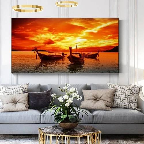 Toile coucher de soleil bateaux de pêcheurs fine art france
