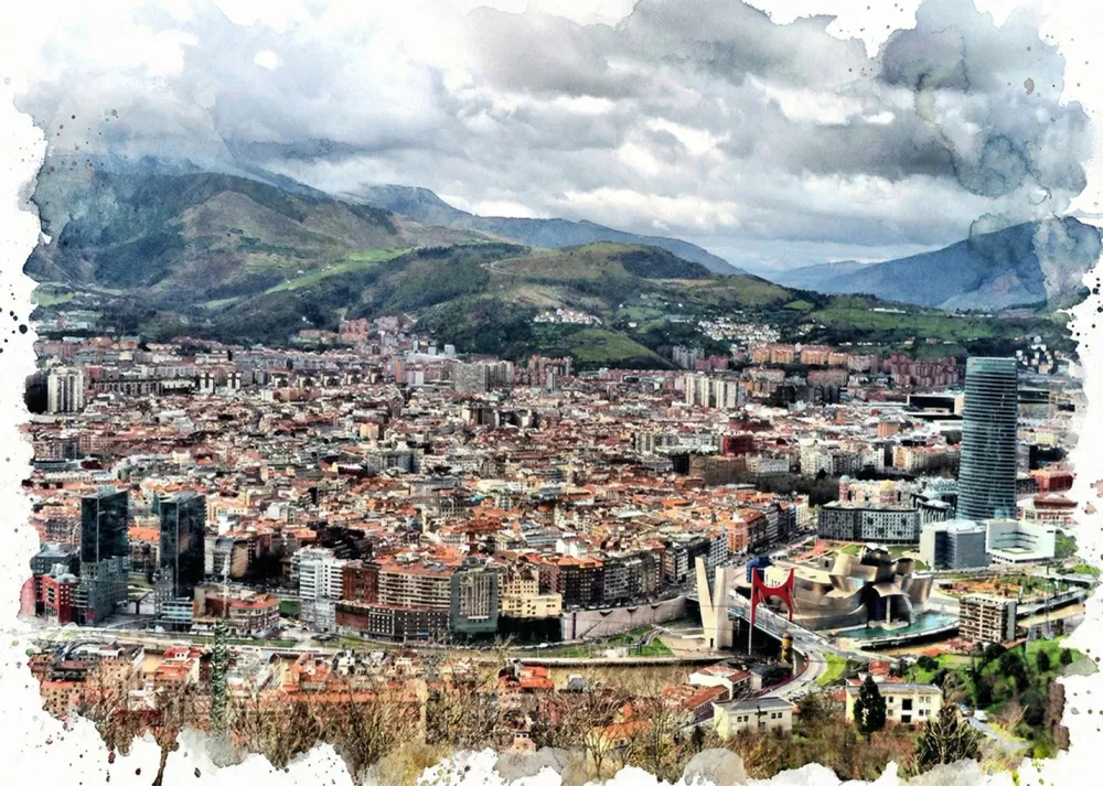 Bilbao depuis le belvédère d’Artxanda style aquarelle Fine Artic