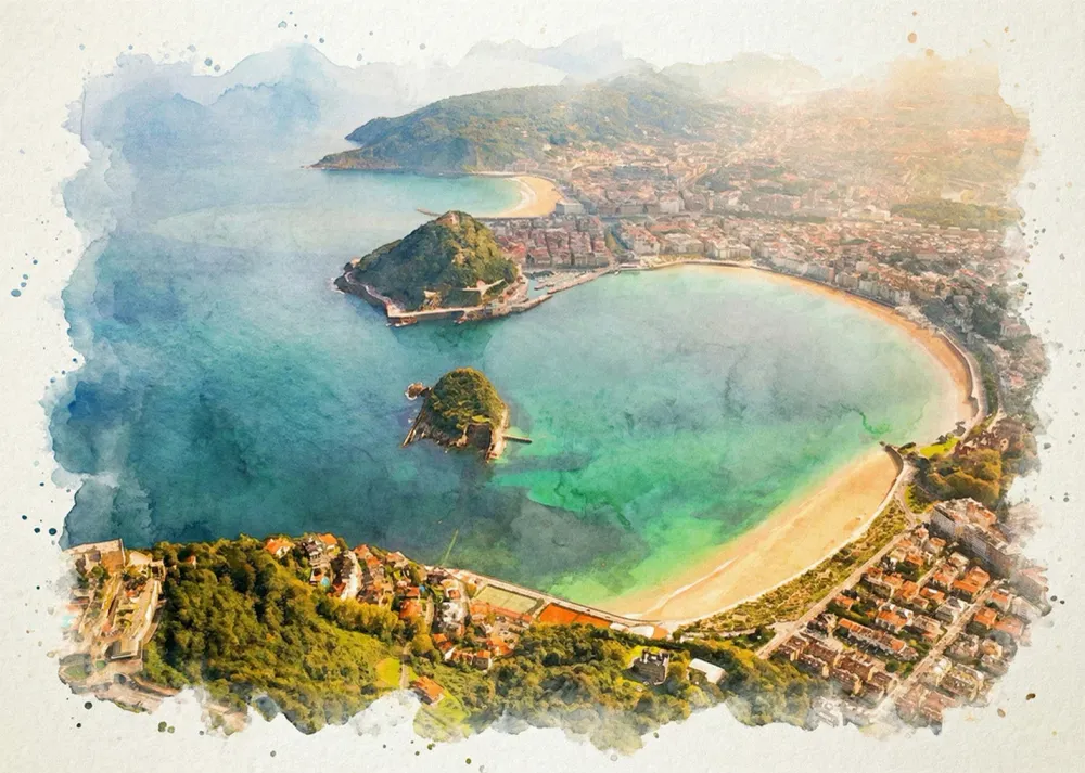 Panoramique de Donostia style aquarelle Fine Artic