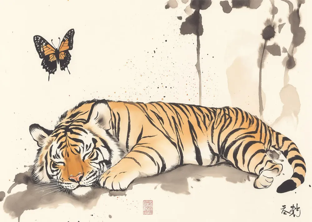 Tigre japonais avec des papillons Fine Artic