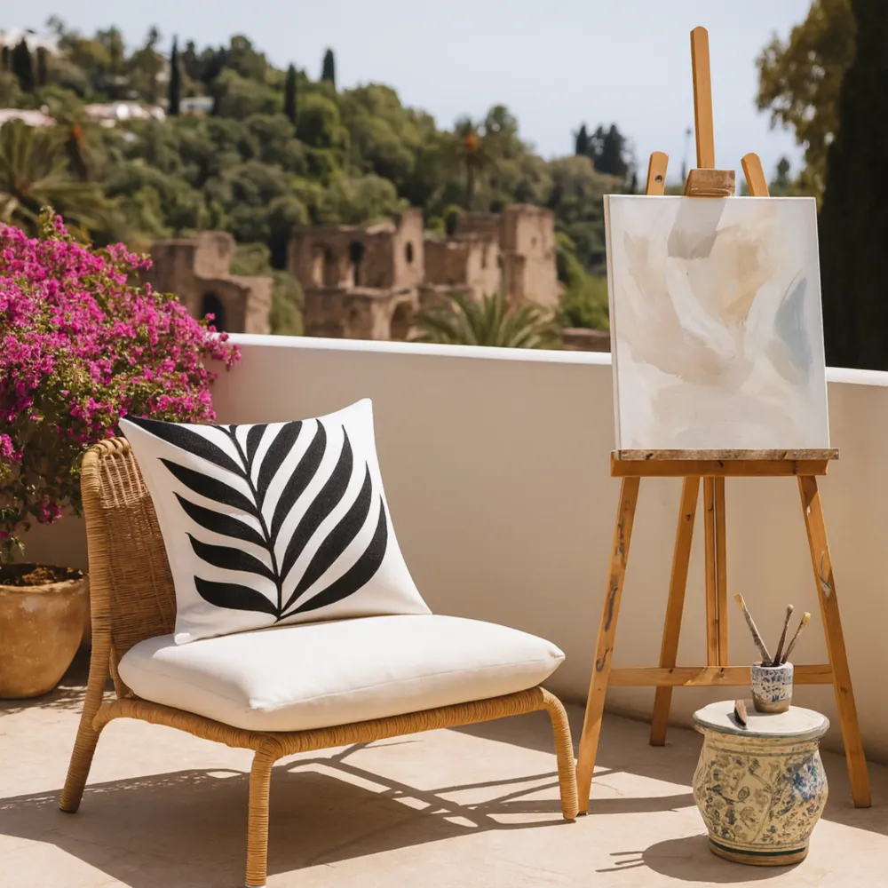 Coussin Décoratif Tunisie – Motif Feuille Noir & Blanc | Fiolla Home