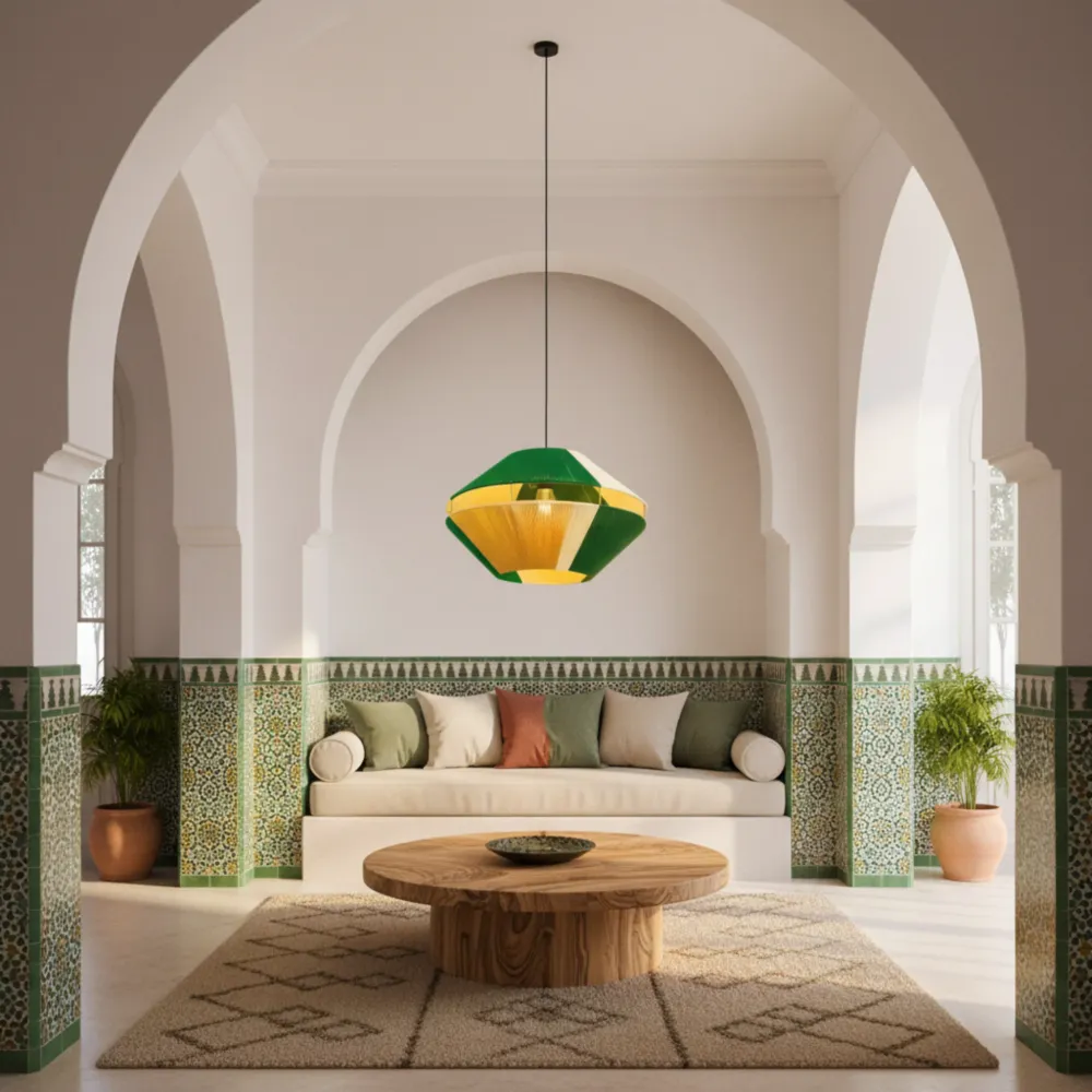 Suspension Géométrique Bicolore Vert & Jaune Fait Main | Design Tunisien Unique Fiolla Home