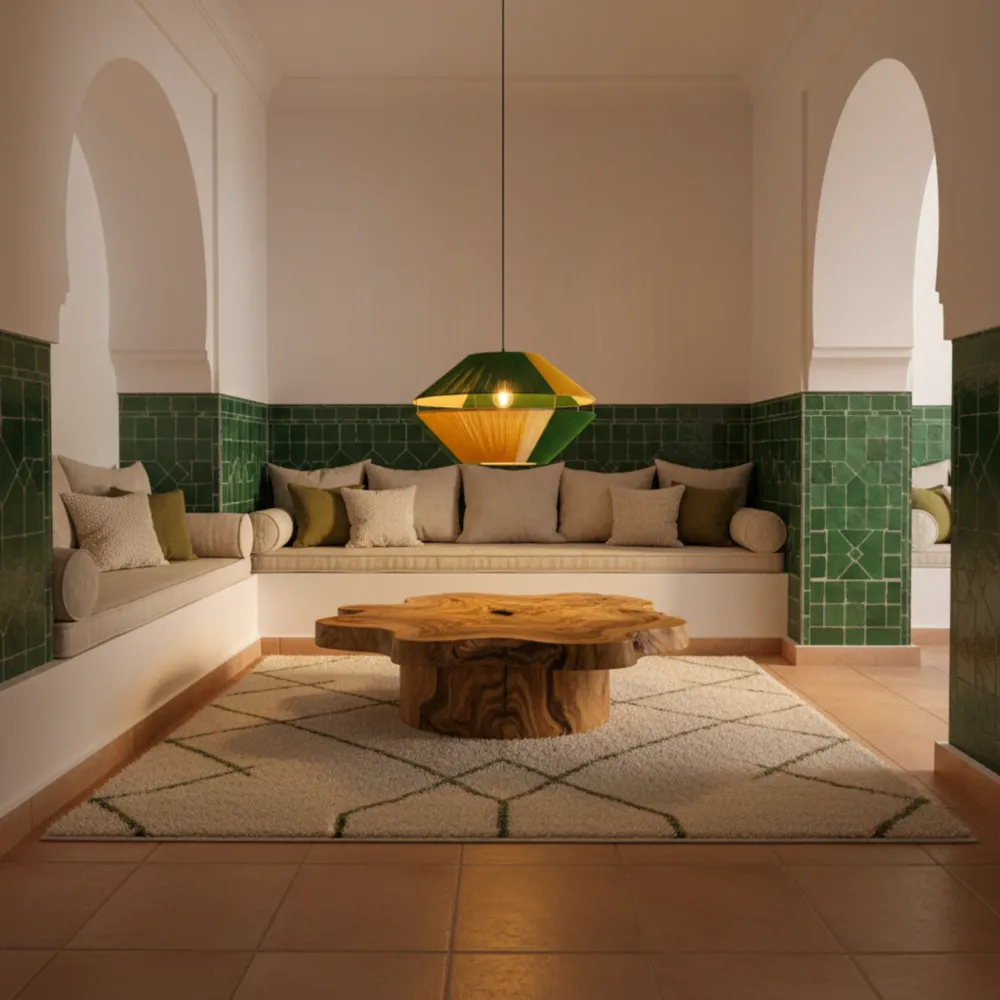 Suspension Géométrique Bicolore Vert & Jaune Fait Main | Design Tunisien Unique Fiolla Home