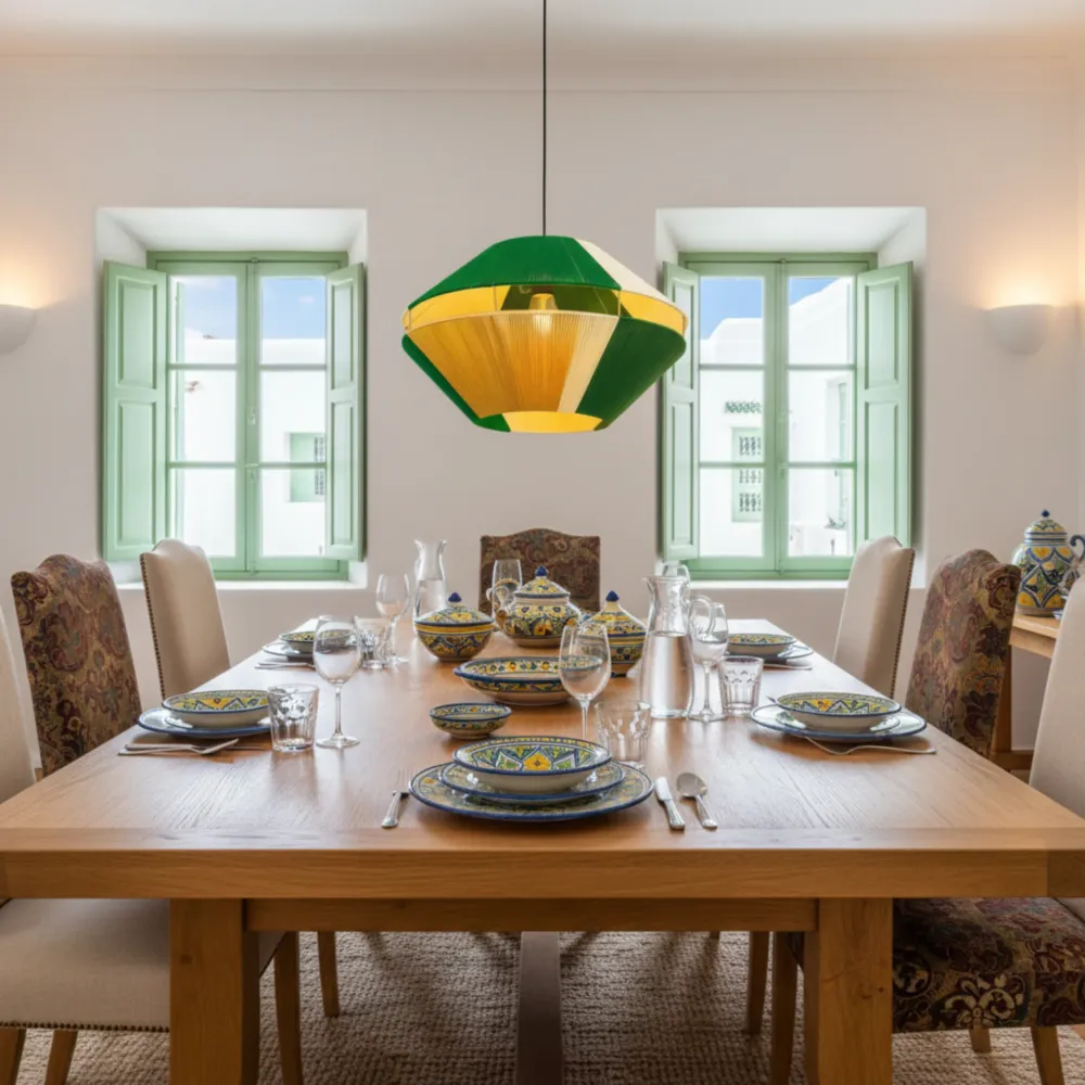 Suspension Géométrique Bicolore Vert & Jaune Fait Main | Design Tunisien Unique Fiolla Home
