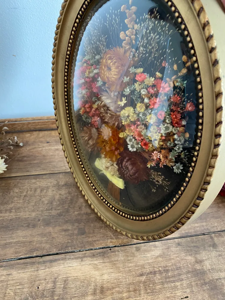 Fleurs séchées encadrée sur fond noir et verre bombé