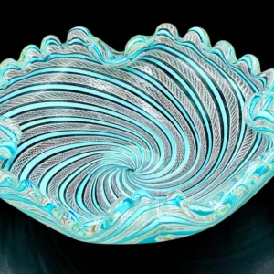 Coupe en verre d'art « Zanfirico » de Fratelli Toso (Murano, Italie), bleu/blanc/cuivre *PIÈCE RARE*