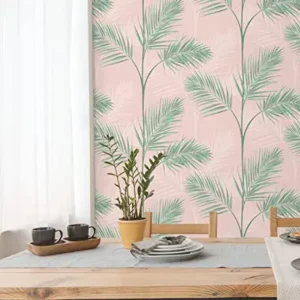 GAULAN - 680913 Papier Peint lessivable Feuilles de Palmiers tropicaux Vert et Rose pâle pour Mur Salon Chambre Salle à Ma...