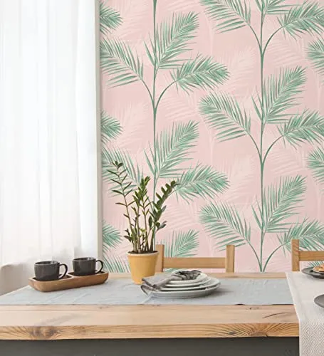 GAULAN - 680913 Papier Peint lessivable Feuilles de Palmiers tropicaux Vert et Rose pâle pour Mur Salon Chambre Salle à Ma...