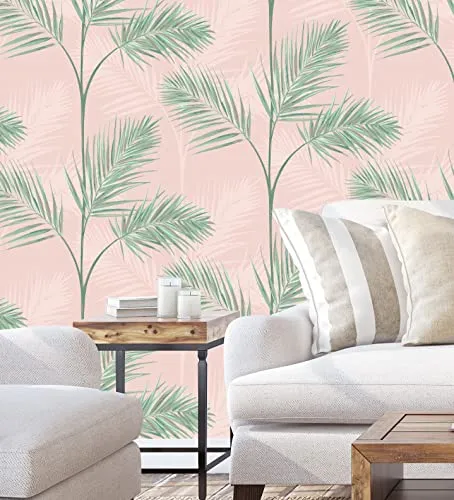 GAULAN - 680913 Papier Peint lessivable Feuilles de Palmiers tropicaux Vert et Rose pâle pour Mur Salon Chambre Salle à Ma...